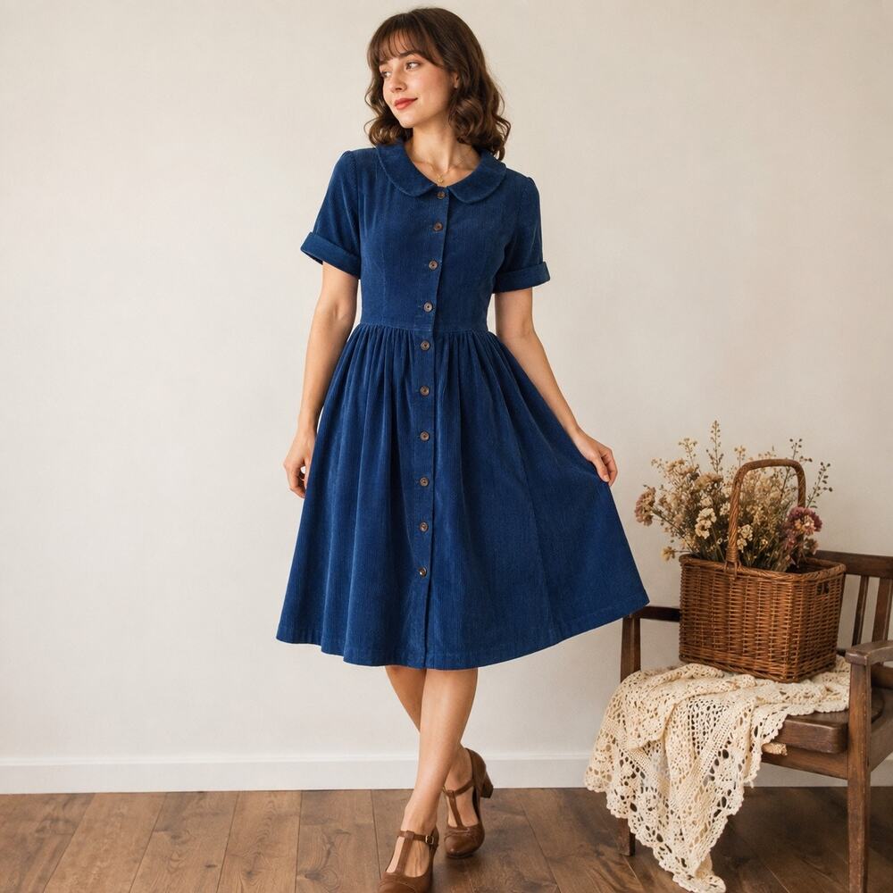 Vintage 70s JuneBug Blue Corduroy Dress Peter Pan Collar Button Front Prairie SM